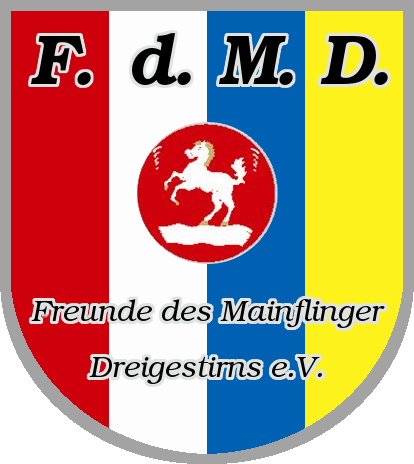 Wappen der Freunde des Mainflinger Dreigestirns e.V.: vier Farbstreifen in Rot, Weiß, Blau und Gelb, in der Mitte ein weißes Pferd auf rotem Grund