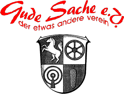 Logo des Vereins Gude Sache e.V. mit dem Zusatz „der etwas andere verein“ über einem vierfeldrigen Wappen