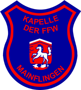 Wappen der Kapelle der Freiwilligen Feuerwehr Mainflingen: blaues Schild mit rotem Rand und weißem Pferd