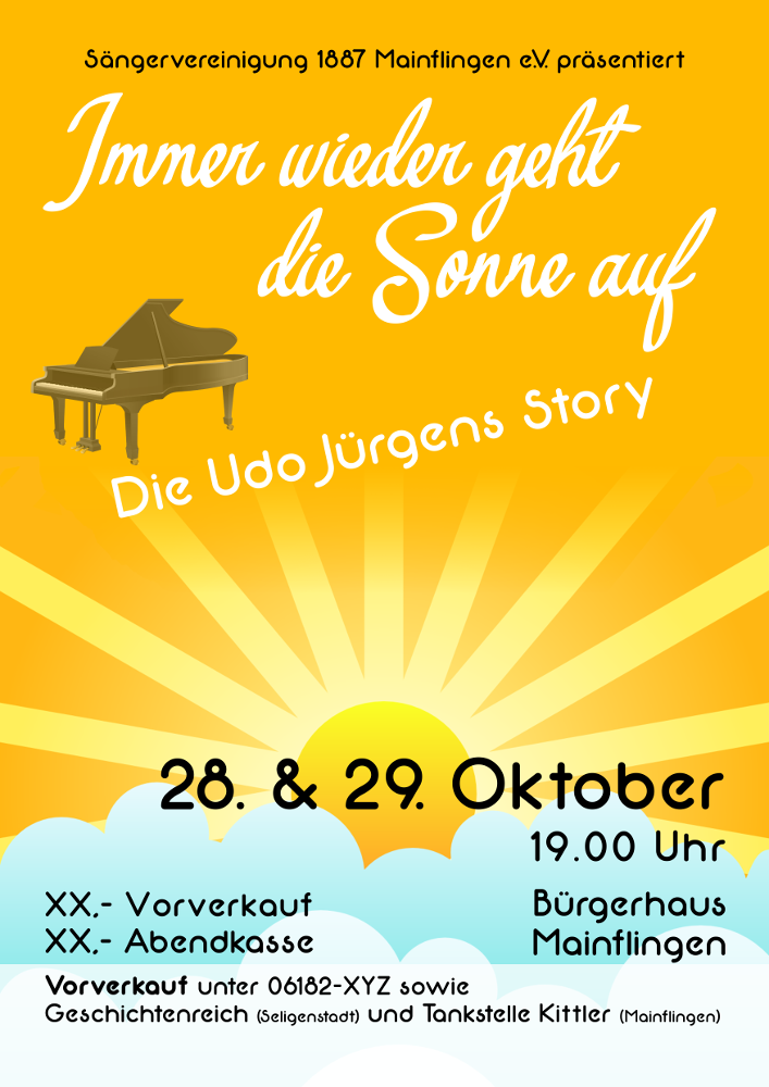Plakat zur Udo-Jürgens-Story „Immer wieder geht die Sonne auf“ am 28. und 29. Oktober im Bürgerhaus Mainflingen, mit Flügel vor aufgehender Sonne