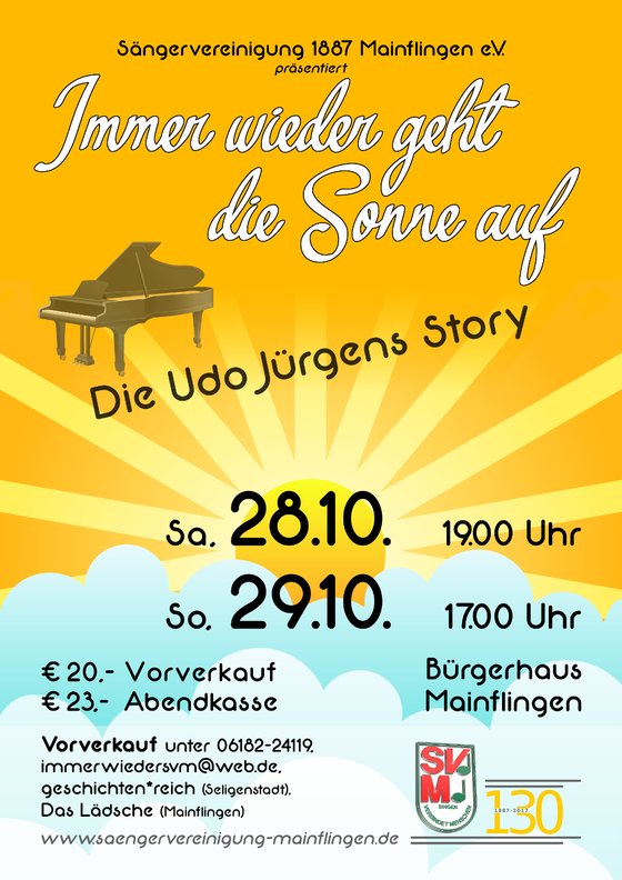 Plakat zur Udo-Jürgens-Story „Immer wieder geht die Sonne auf“ am 28. und 29. Oktober 2017 im Bürgerhaus Mainflingen, mit Flügel vor aufgehender Sonne