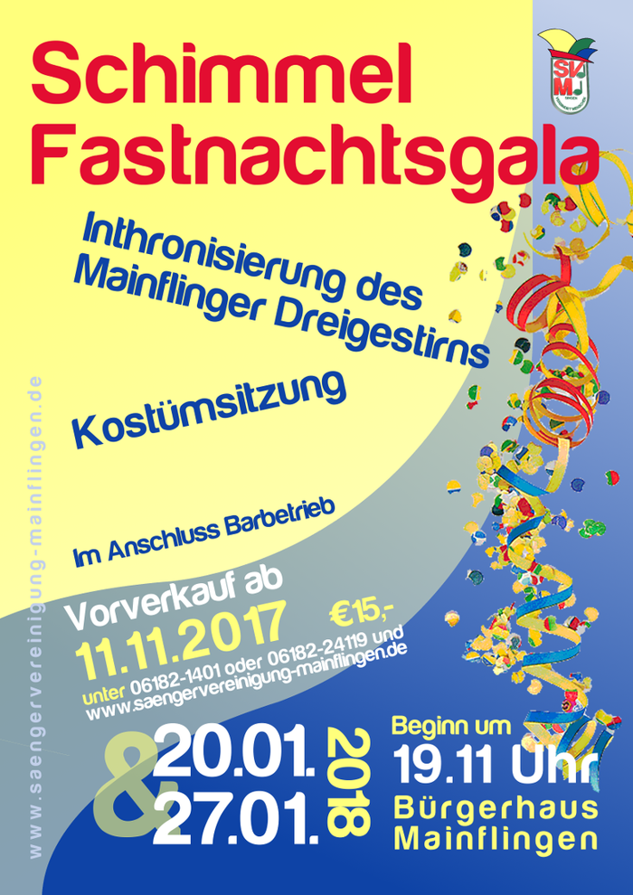 Plakat der Schimmel-Fastnachtsgala mit Inthronisierung des Mainflinger Dreigestirns am 20. und 27. Januar 2018 um 19.11 Uhr im Bürgerhaus Mainflingen