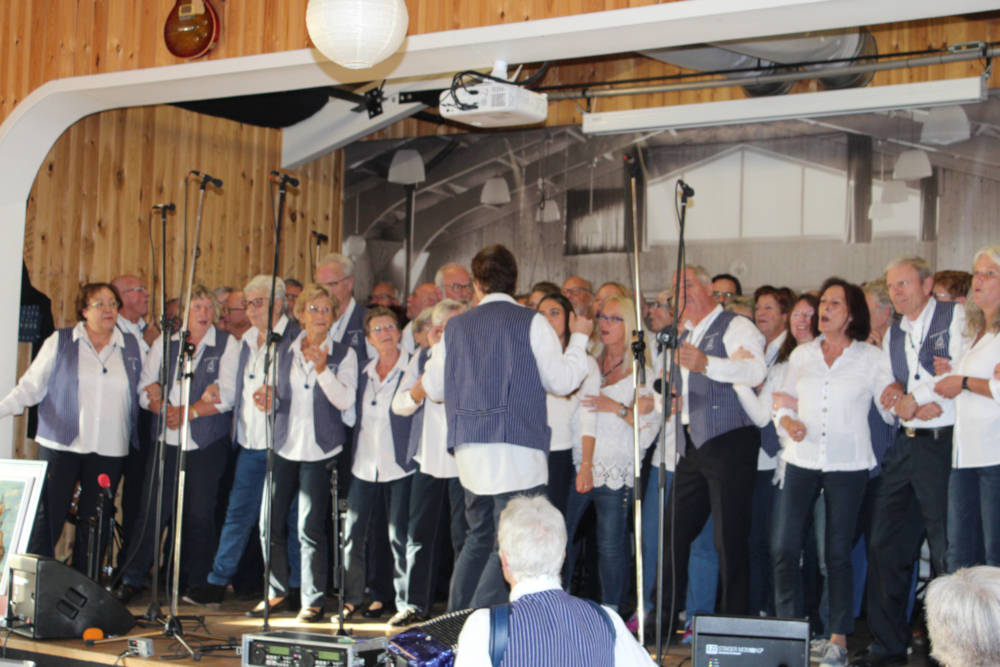 Deutsche und holländische Sängerinnen und Sänger stehen beim gemeinsamen Konzert eingehakt und schunkelnd auf der Bühne, vorne ein Akkordeonspieler
