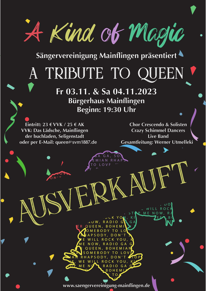 Konzertplakat „A Kind of Magic“ mit dem quer darüber gedruckten Schriftzug AUSVERKAUFT