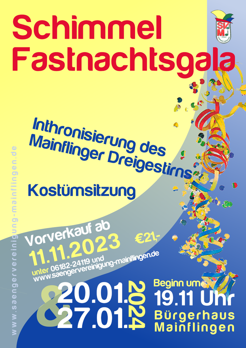 Plakat zur Schimmel-Fastnachtsgala am 20. und 27. Januar 2024 im Bürgerhaus Mainflingen, mit Luftschlangen und Konfetti