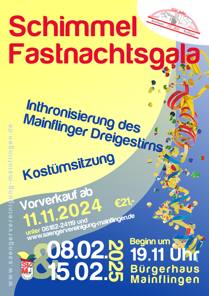 Plakat zur Schimmel-Fastnachtsgala mit den Terminen der Sitzungen und Vorverkaufsinformationen