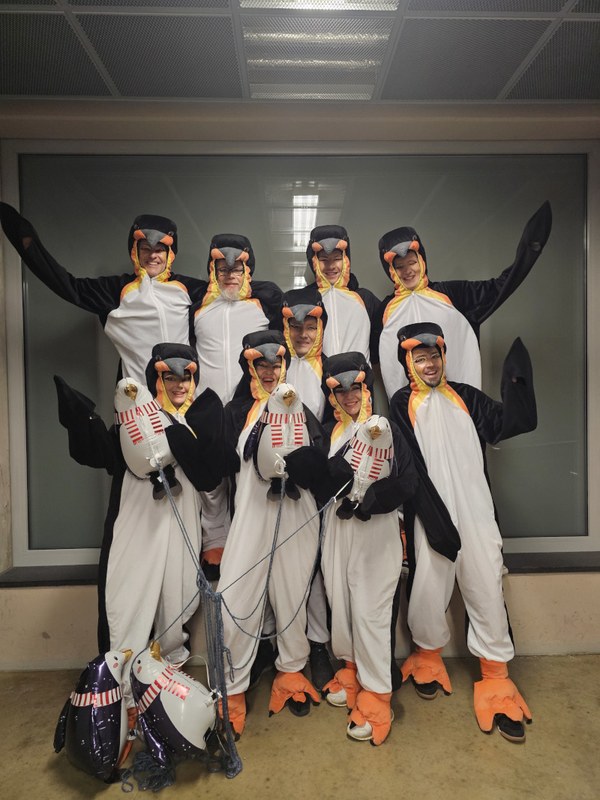 Acht Aktive in Pinguinkostümen mit Luftballons beim Gruppenfoto hinter der Bühne