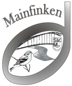 Schwarzweiße Zeichnung eines Finken vor der Mainbrücke in einem ovalen Rahmen, darüber der Schriftzug Mainfinken