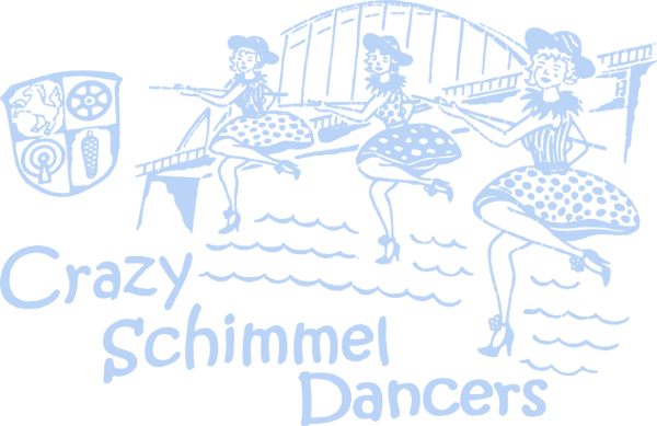 Hellblaue Zeichnung dreier tanzender Frauen mit Hut und weit schwingendem Rock vor der Mainbrücke, links das Mainflinger Wappen, darunter der Schriftzug Crazy Schimmel Dancers