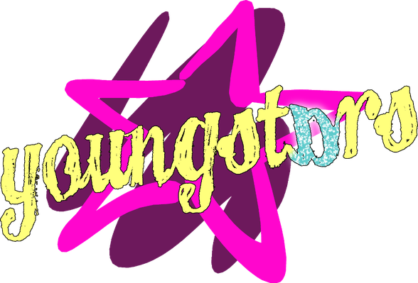 Gelber Schriftzug youngstars über einem pinkfarbenen Stern